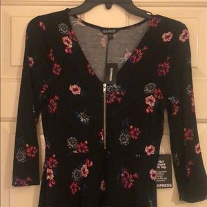 Express Black Floral Knit Dress Small Zip Front